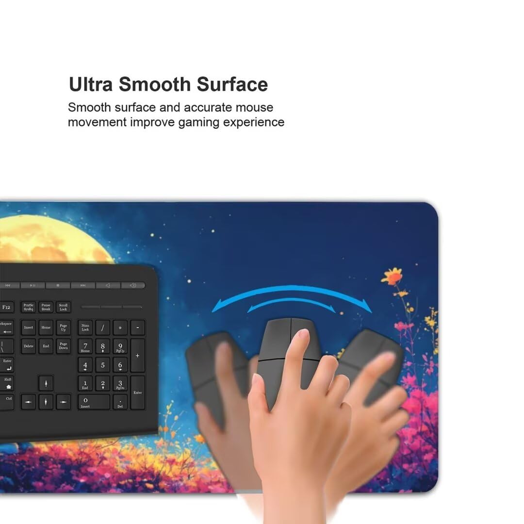 Alfombrilla de ratón 1400x600x3 MM, Alfombrilla Ratón XXL Extendida de Gran Tamaño con Bordes Cosidos, Base de Goma Antideslizante Almohadilla para Teclado, Conejo de la Luna S-12467