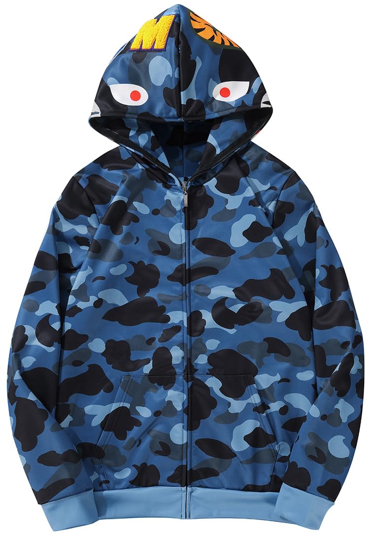 WINKEEY Men's Jacket Shark Head Cardigan Hoodie Full Zipper Camouflage Pullover Sweatshirt S Blue