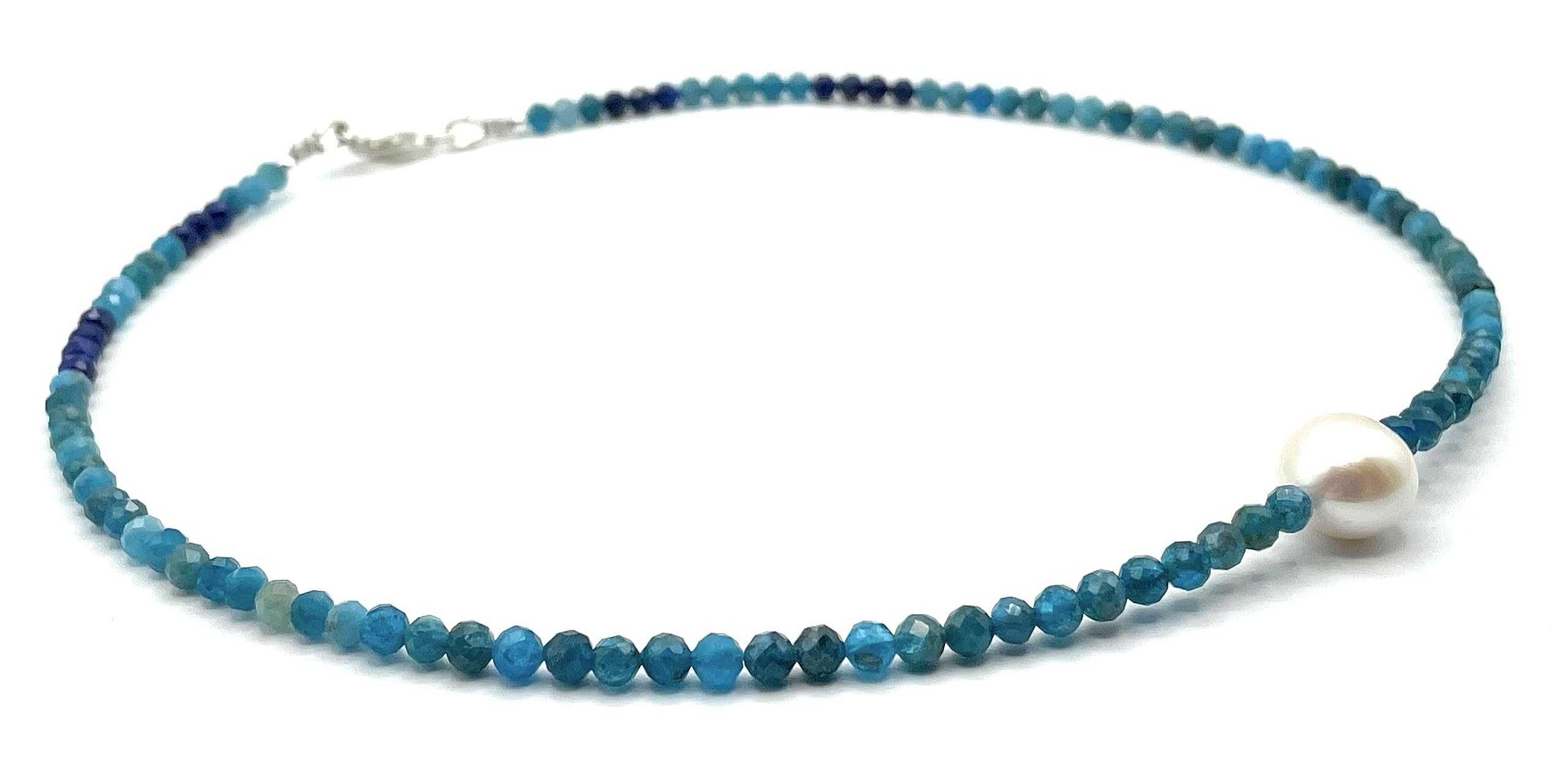 Collana con Apatite Blu e Perla Bianca Naturale, Girocollo con Piccole Pietre, Argento 925, Gioielli Italiani, Bijoux Estate, Made in Italy