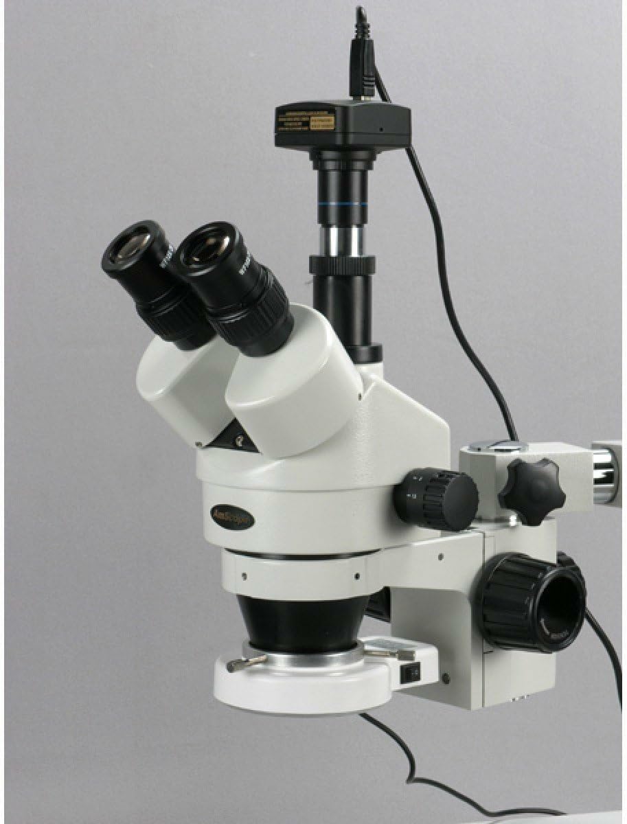 AmScope SM-3T-54S-M Digital Professional Trinocular Stereo Zoom Microscope, WH10x Eyepieces, 7X-45X Magnification, 0.7X-4.5X Zoom Objective, 54-Bulb LED Light, Single-Arm Boom Stand, 110V-240V, Includes 1.3MP Camera with Reduction Lens and Software