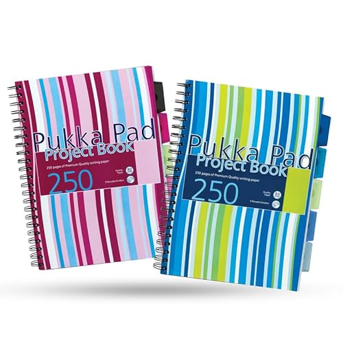 DLM Direct Pukka Pad Project Book – Assorted Colour Polypropylene Stripes Cover Project Notebook, 250 Perforated Pages & 5 Dividers Notepad, Wire Bound A4 Notebooks for School, Office Notes