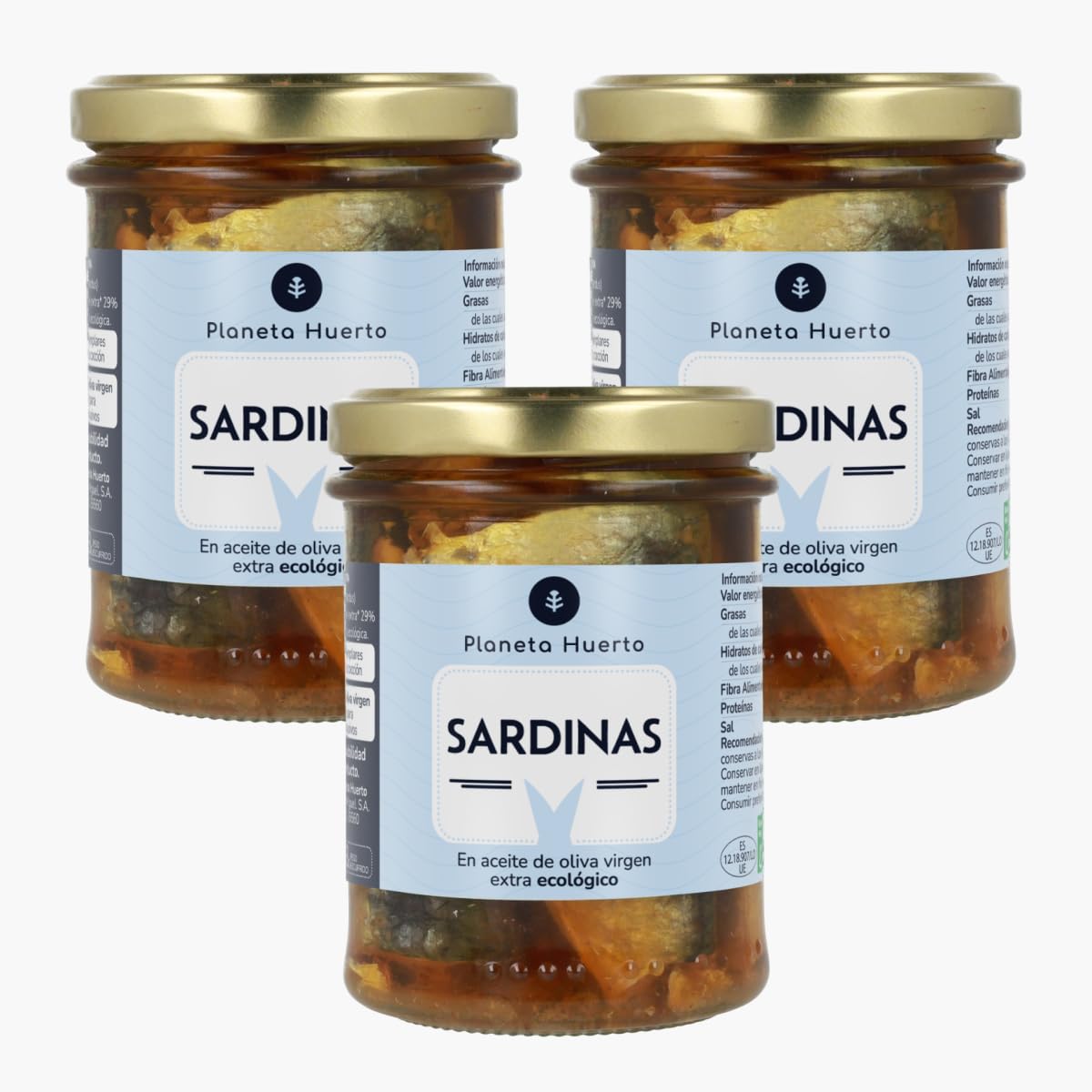 PLANETA HUERTO | Pack 3× Sardinas en Aceite de Oliva Virgen Extra Ecológico 190 g – Sardinas Conserva Saludable, Rica en Omega-3, Proteínas y con Ingredientes 100% Ecológicos