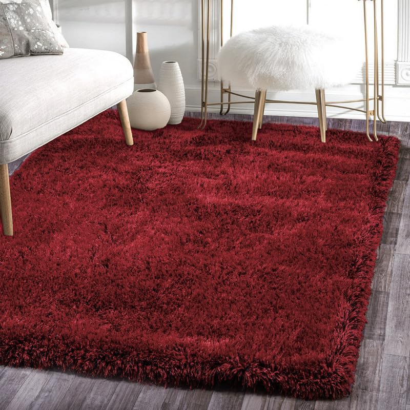 Image of FIASCO Round Shaggy Carpet Plain Fur Rugs Home and Office Sqaure Microfiber 2 Inch Pile Height Back in Canvas Modern Interior Mats 3X3 Feet Red Black Mix