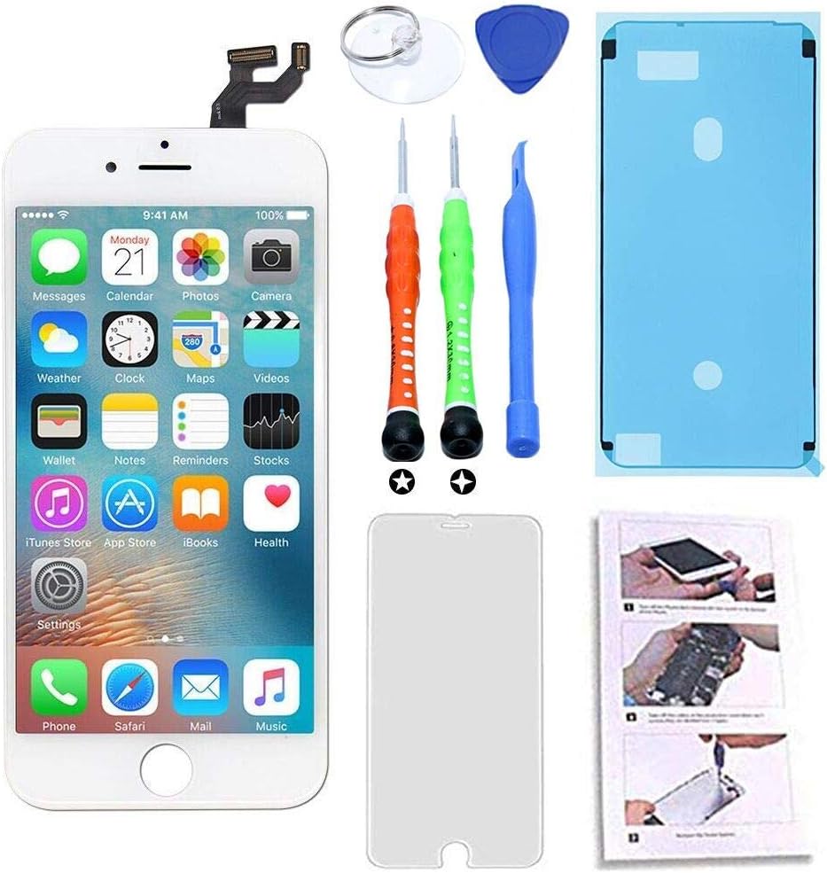 for iPhone 6S LCD Screen Replacement 4.7 inch White, 3D Touch Screen Display Digitizer Repair Kit Assembly with Complete Repair Tools and Screen Protector