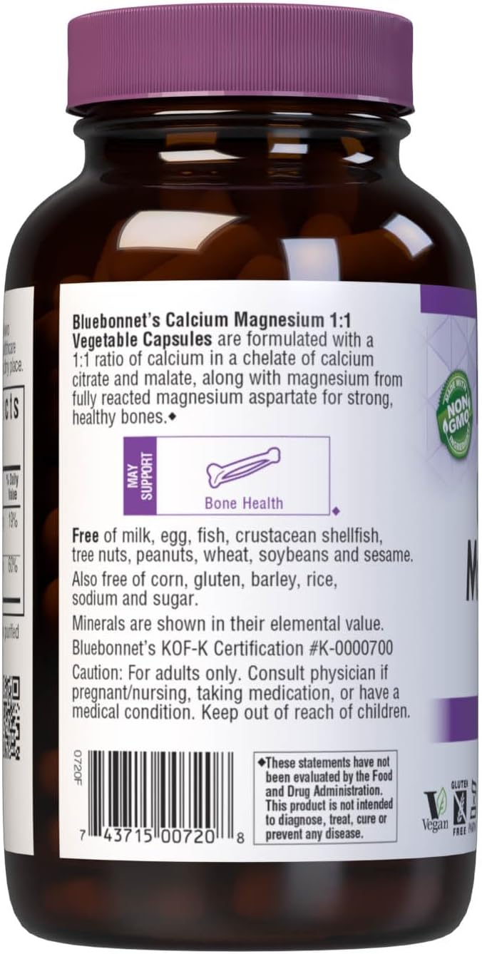 Bluebonnet Calcium Magnesium 250 mg 1:1 Ratio Daily Bone Health Vegan Calcium Supplements for Women & Men - Non-GMO, Kosher, Gluten-Free, Soy-Free, Dairy-Free Bone Supplement - 180 Vegetable Capsules