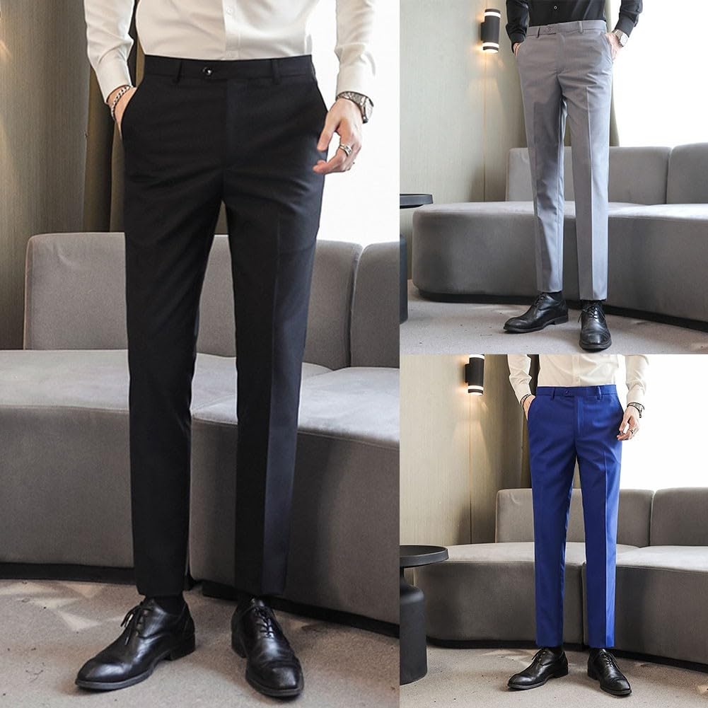 Pantalones de vestir elegantes para hombre, ajustados, color liso, para oficina y bodas