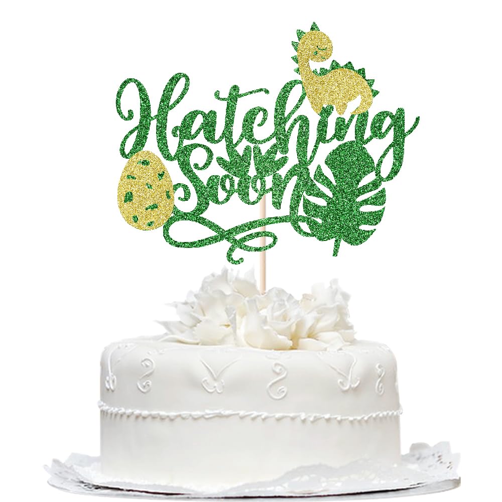 Bekaterea Dinosaur Hatching Soon Cake Topper,Farm Themed Dinosaur Baby Shower Gender Reveal Party Decorations,Welcome Baby Cake Decoration,Green Glitter