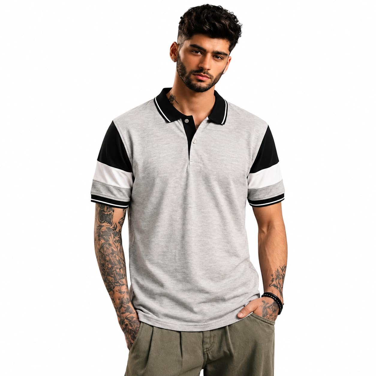 Men's Grey & Black Color Block Polo T-Shirt | Premium Cotton | Half Sleeve Regular Fit | Polo Collar Casual & Smart Casual Wear-picture-27