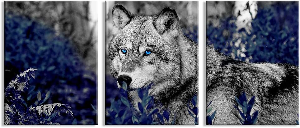 Kalormore Wildlife Animal Canvas Wall Art Black White Wolf with Blue Eyes Picture Giclee Prints Artwork Framed and Stretched Painting for Modern Home Living Room Office Bedroom Bathroom Decoration