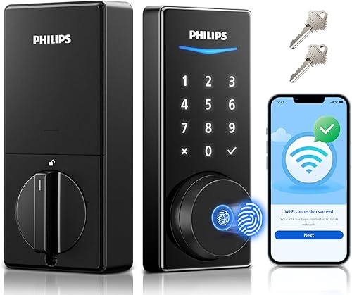 Philips Cerradura inteligente WiFi integrada, cerradura de puerta de entrada sin llave con aplicación, pantalla táctil, luz indicadora, cerradura de