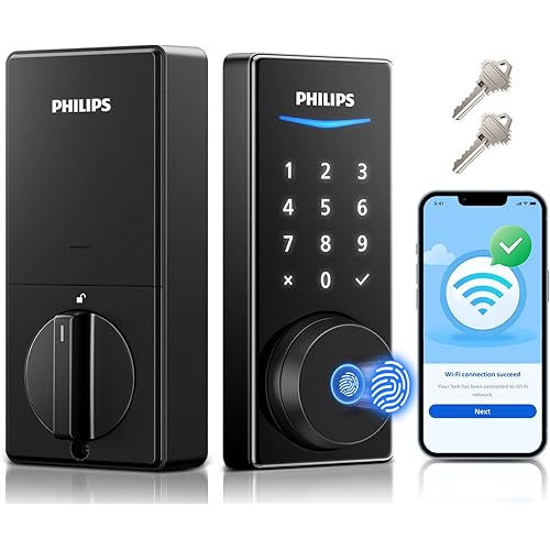 Philips Built-in WiFi Smart Lock, Keyless Entry Door Lock with App, Touchscreen, Indicator Light, Fingerprint Door Lock — Works with Alexa & Google, Splash-Proof Design, Includes 8 Batteries