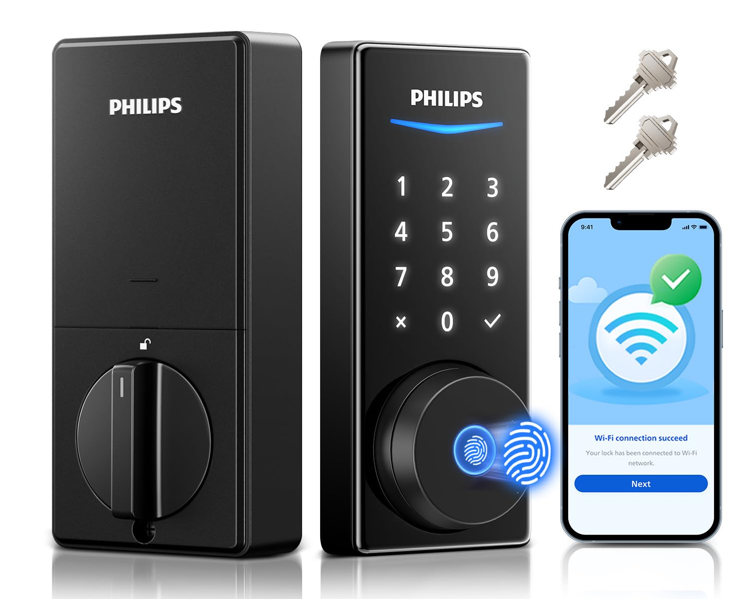 Philips Built-in WiFi Smart Lock, Keyless Entry Door Lock with App, Touchscreen, Indicator Light, Fingerprint Door Lock — Compatible with Alexa & Google, Splash-Proof Design, Includes 8 Batt