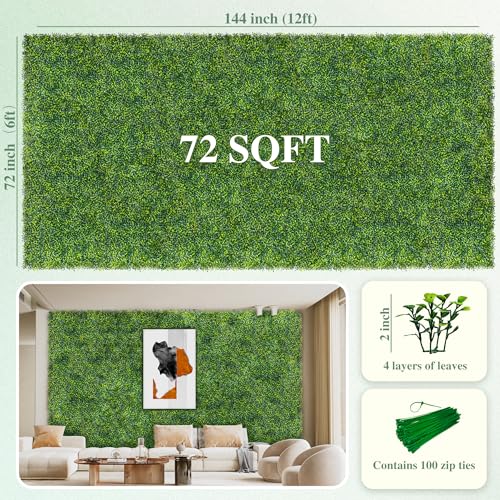 Image of ODTORY Artificial Boxwood Roll Panels, 6 FT X 12 FT(72 sqft) Yellow Green | UV-Anti Fake Ivy Vine Hedge Covering, Privacy Fence Screen, Faux Greenery Grass Wall Backdrop, Indoor /Outdoor Home Decor
