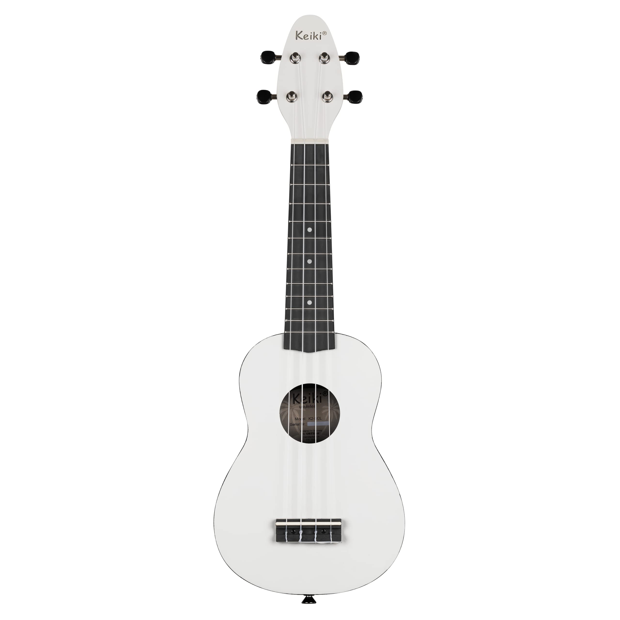 Ortega Guitars Ukelele Soprano blanco - Keiki K2 - Kit de inicio incluye afinador, correa, 5 púas medianas y bolsa de dibujo - pastel/tomatillo (K2-SCL)