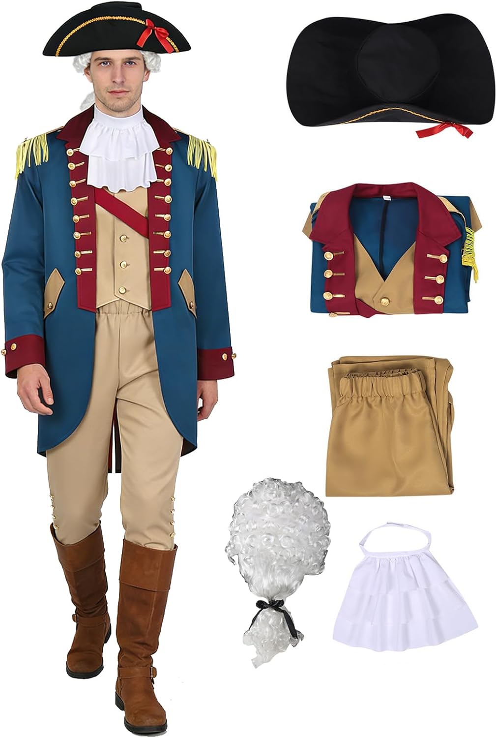 Men's Hamilton Colonial Military Officer Costume Set Washington Regency Uniform for Halloween Cosplay