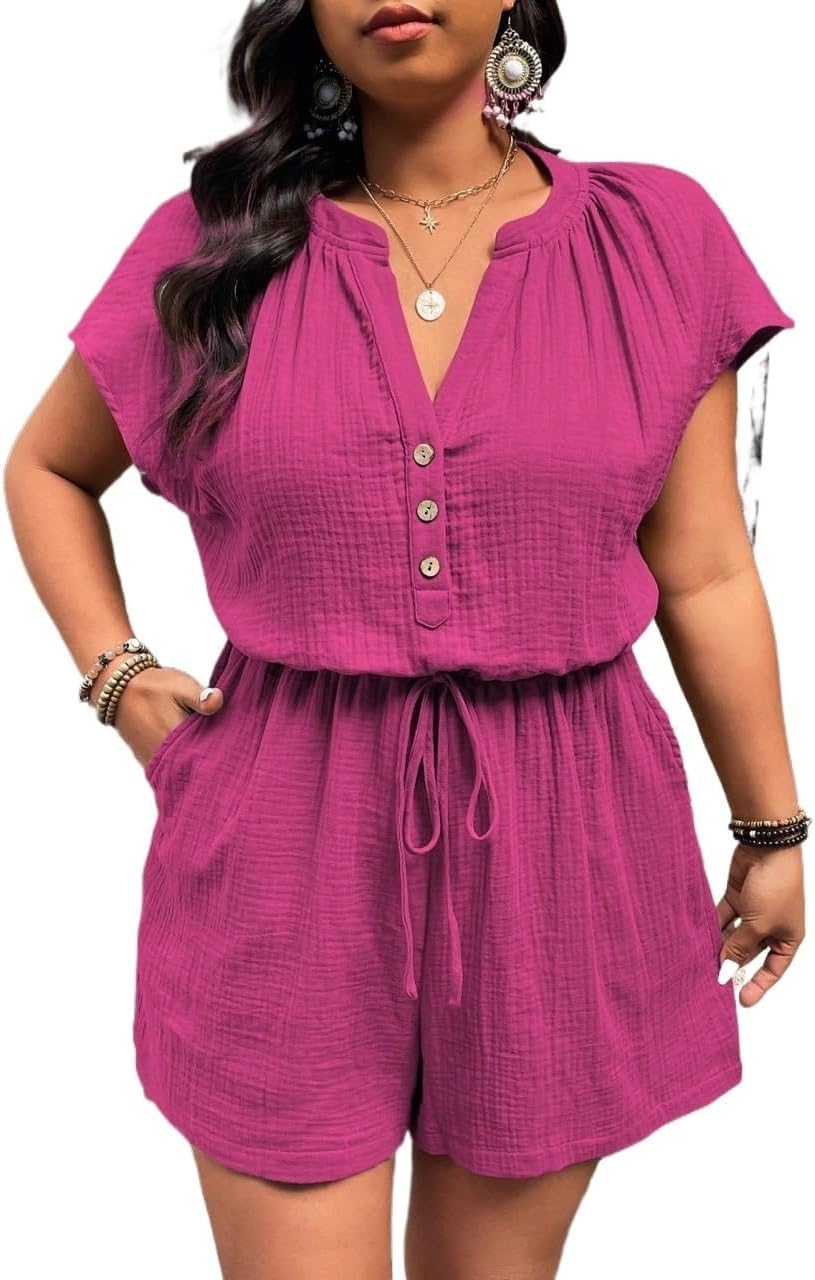 Rompers for Women Summer 2026 Plus Size Casual Cotton Raglan Sleeve Drawstring Jumpsuit