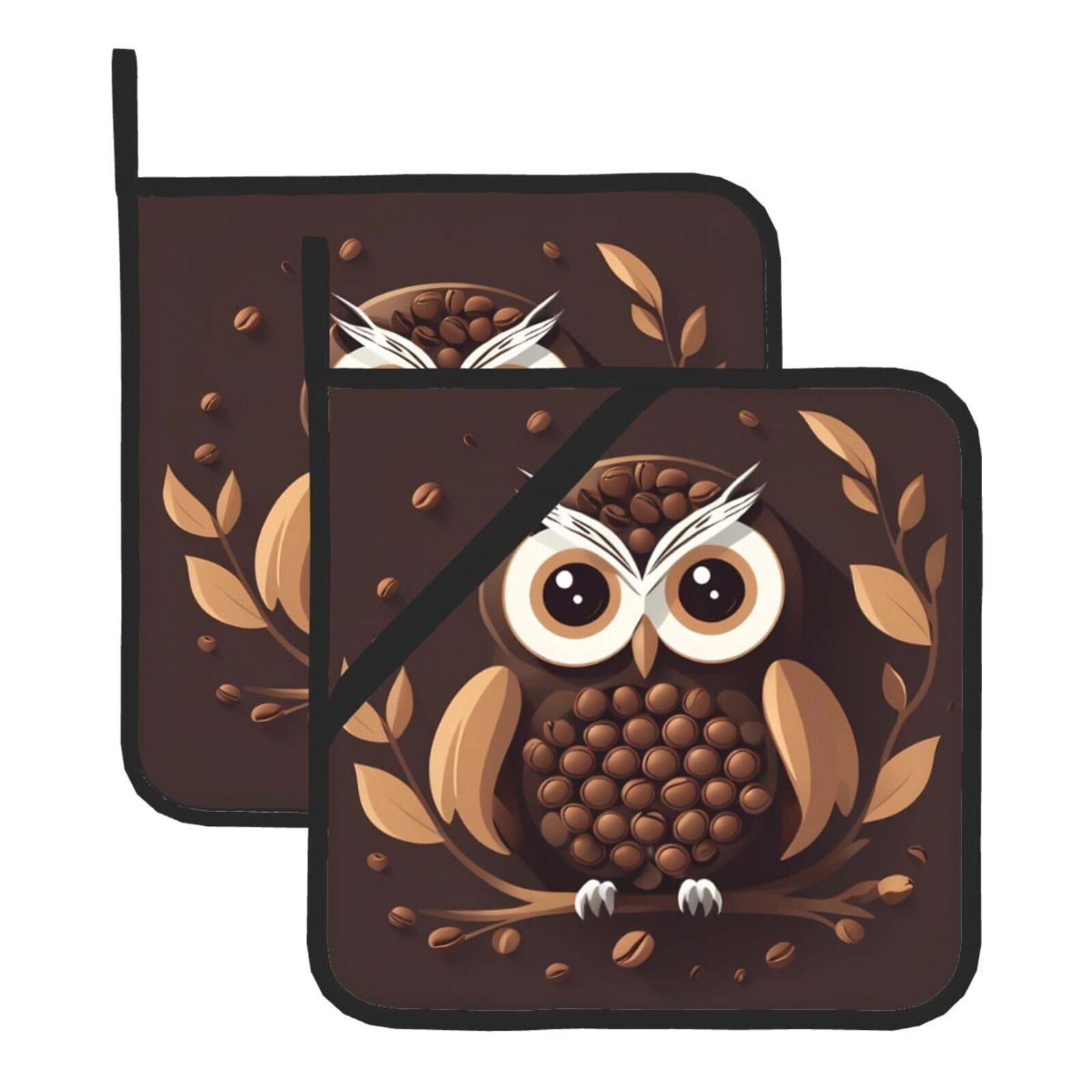HJFCZH Coffee Bean Owl Printed Square Insulated Pot Mat Set (2-Piece) 8x8in Waterproof, Thickened & Easy to Clean with Lanyard Design for Kitchen, Oven & BBQ