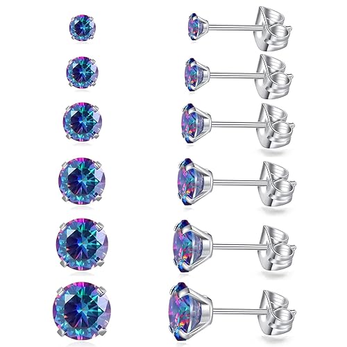 6 Pairs Stud Earrings Set, Hypoallergenic Cubic Zirconia Earrings 316L