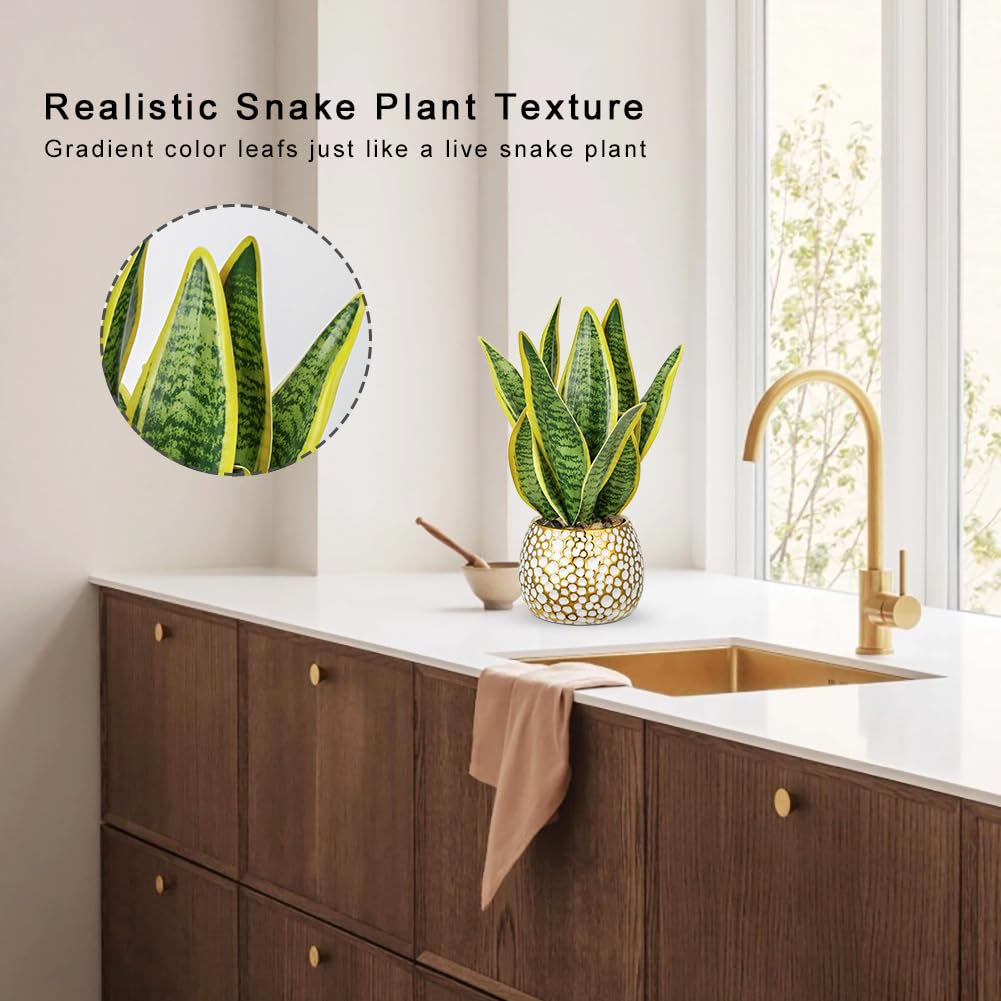 Oairse Artificial Snake Plant Fake Plants in Gold Ceramic Pots Artificial Sansevieria Plant Artificial Plants Indoor Decorative Faux Plant for Home Bathroom Bedroom Office Decoration 31cm - Image 4