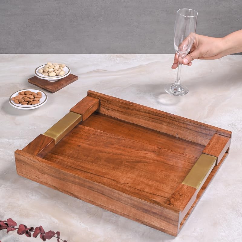 Image of Wooden Serving Tray with Stylish Handle - 15 Inch Rectangular Wooden Tray for Coffee Table, Kitchen, Breakfast & Home Decor | Multipurpose Organizer & Gift (Brass Inlay Corner Accents)