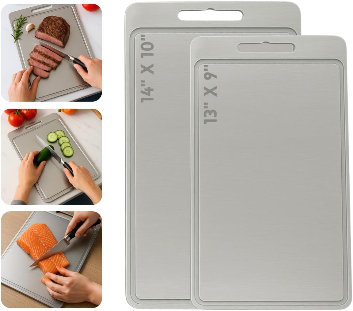 Metal Cutting Boards for Kitchen [Set of 2], Stainless Steel Chopping Board, Non Toxic Cutting Boards with Juice Groove, Durable, and Dishwasher Safe