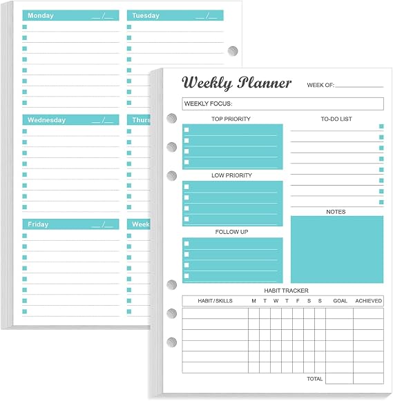 6-Hole Weekly Planner Refills for A5 Binders - 53 Sheets/106 Pages Undated Weekly Planner, 100 gsm White Paper, Lasts 1 Year, Undated, 5.8 x 8.3, Teal