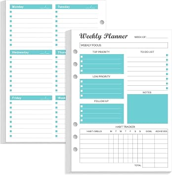 6-Hole Weekly Planner Refills for A5 Binders - 53 Sheets/106 Pages Undated Weekly Planner, 100 gsm White Paper, Lasts 1 Year, Undated, 5.8" x 8.3", Teal