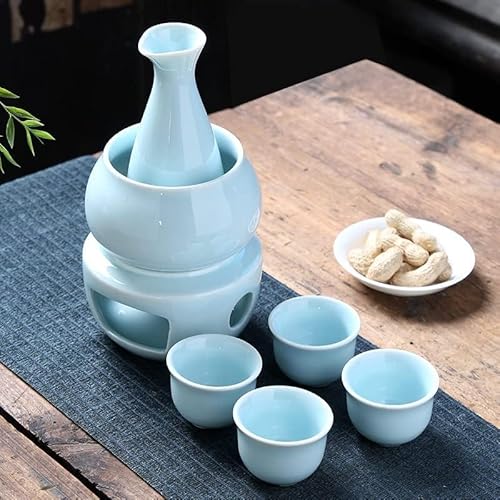 Vzfv 日本酒用 酒器セット 熱燗器 徳利・お猪口・温めボウル・暖房ベース付き 陶磁器 伝統の禅スタイル 冷酒/熱燗対応 焼酎にも最適 ギフト・家庭用 ブラックA (ライトブルー)