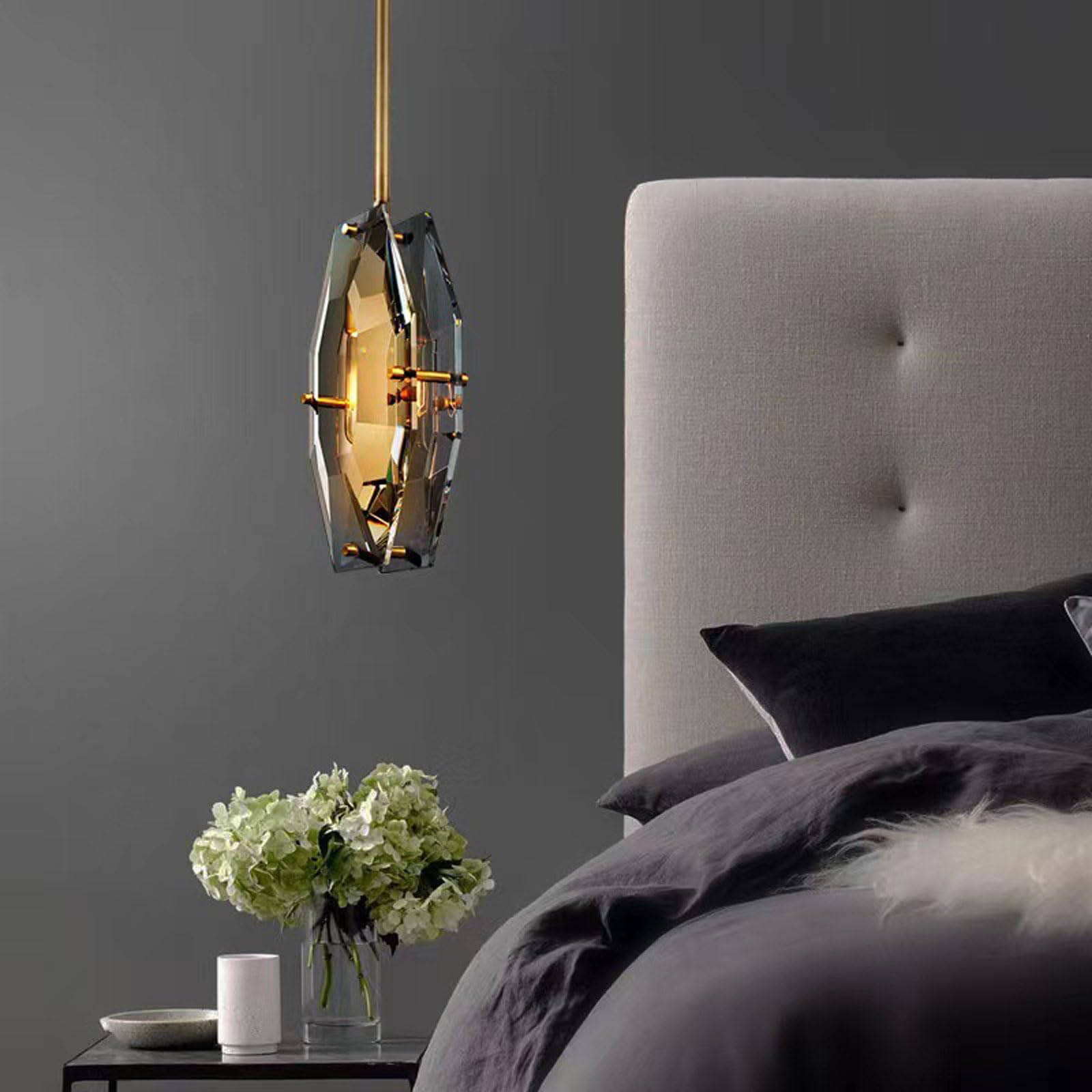 Lampada a sospensione in ottone per camera da letto, lampada a sospensione in cristallo a doppia faccia ad alta trasparenza, lampadario creativo sfaccettato, adatto per isole cucina