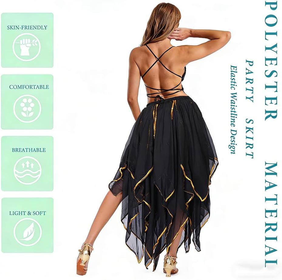 Chiffon Belly Dance Costume Ruffles Skirt for Women Tribal Rave Dance Long Skirt with Golden Sequin Edge
