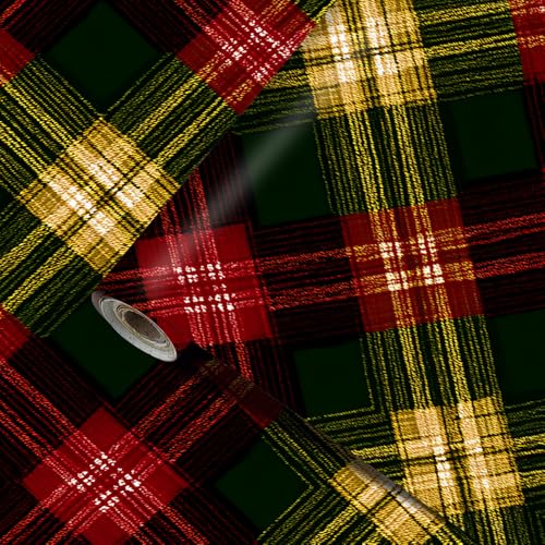 Wdesyadms Red Green Plaid Countertop Contact Paper 39.37x23.62 Inch Self Adhesive PVC Peel and Stick Decorative Film Holiday Check Pattern for Kitchen Tabletop Cabinet and Furniture Winter Accent