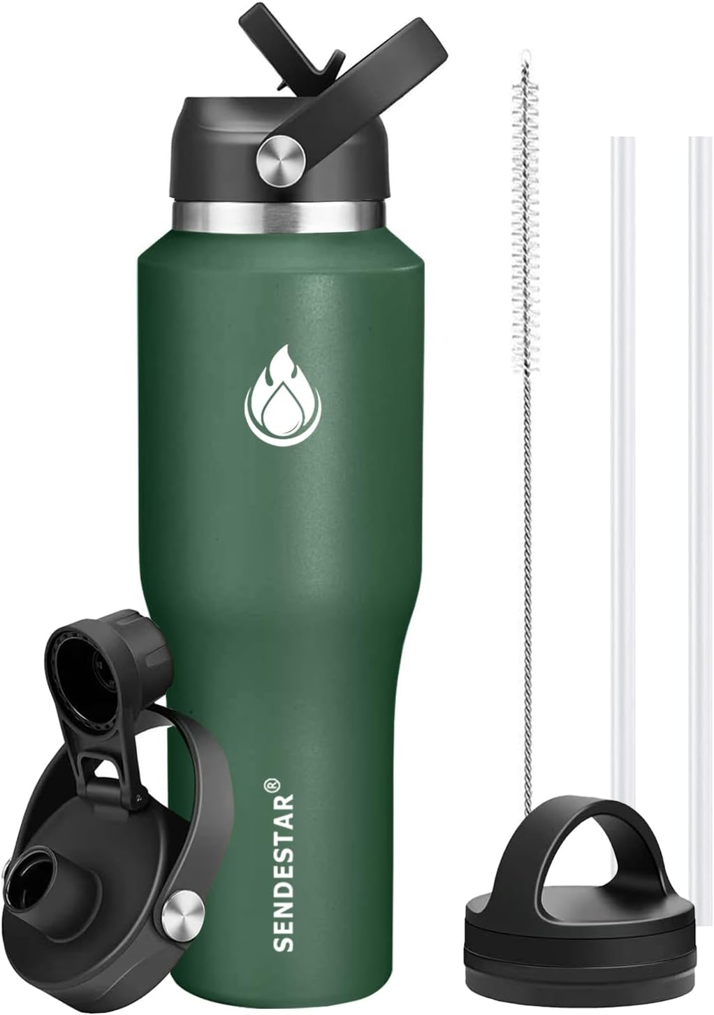 SENDESTAR Water Bottle,Wide Mouth Stainless Steel Vacuum Insulated Double Wall Keep Liquids Cold or Hot All Day,Sweat Proof Sport Design,Fit Car Cup Holder,Dark Green,40 Ounces