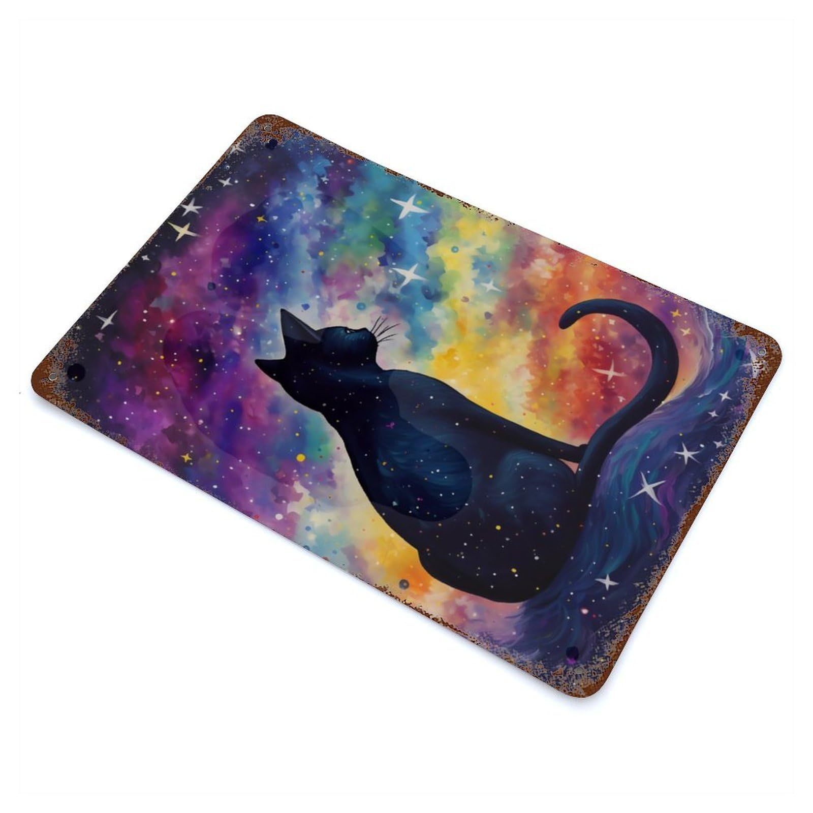 Rustic Tin Plaque with Cat And The Sky Design 11.8"x7.9", for Cafe, Home Bar And Lounge Decor, Industrial Home Decor