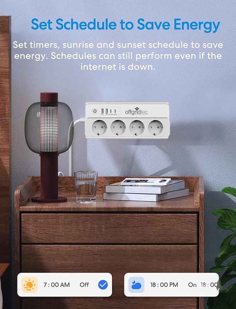 Smart power strip on a bedside table with a lamp, showing app interface for setting schedules like 7:00 AM Off and 6:00 PM On