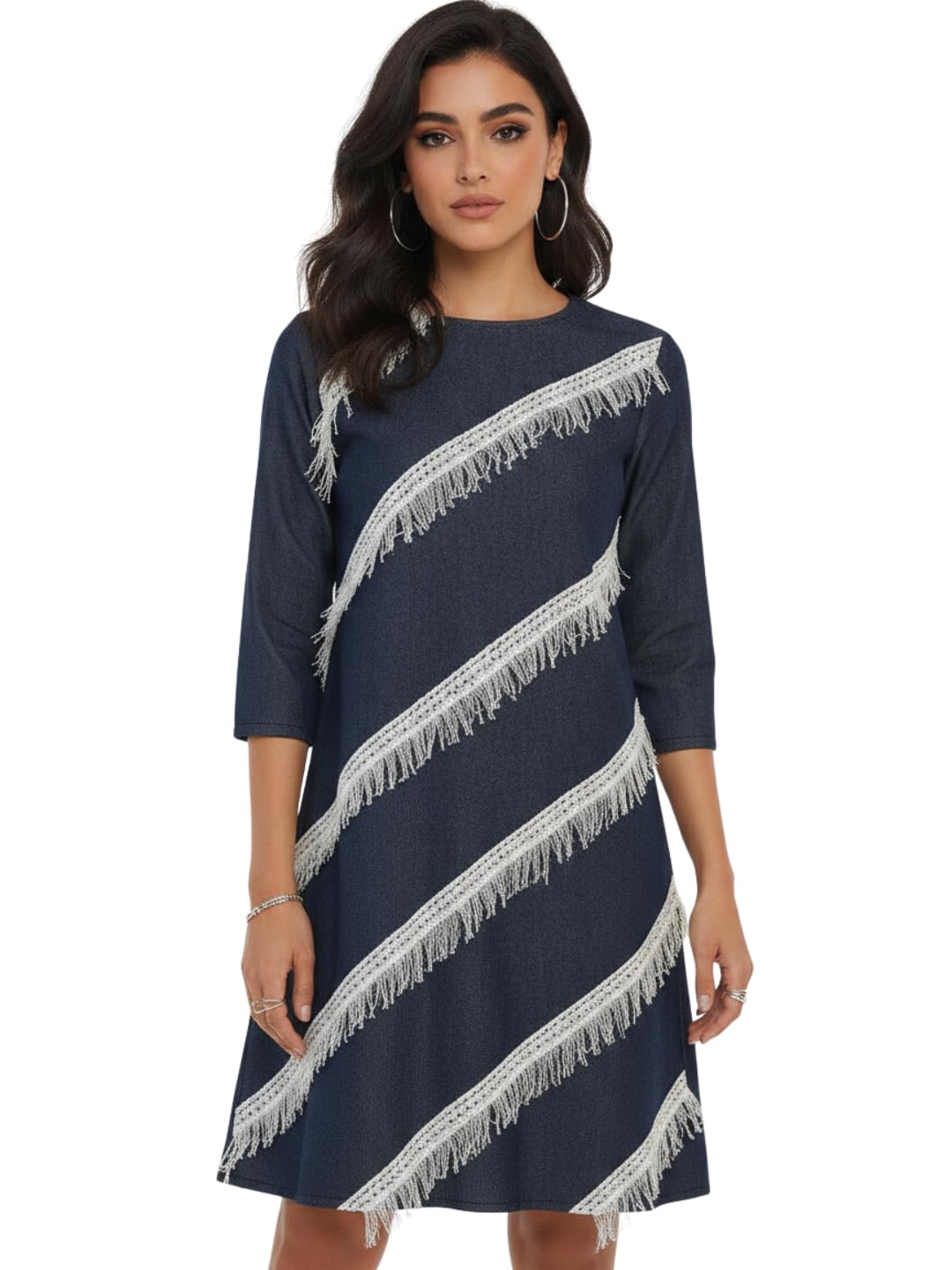 Women's Navy Blue Denim A-Line Dress with Diagonal Fringe Lace Trim | Round Neck, 3/4 Sleeves, Side Pockets | Casual Day Wear, Vacation & Outdoor Wear-picture-39