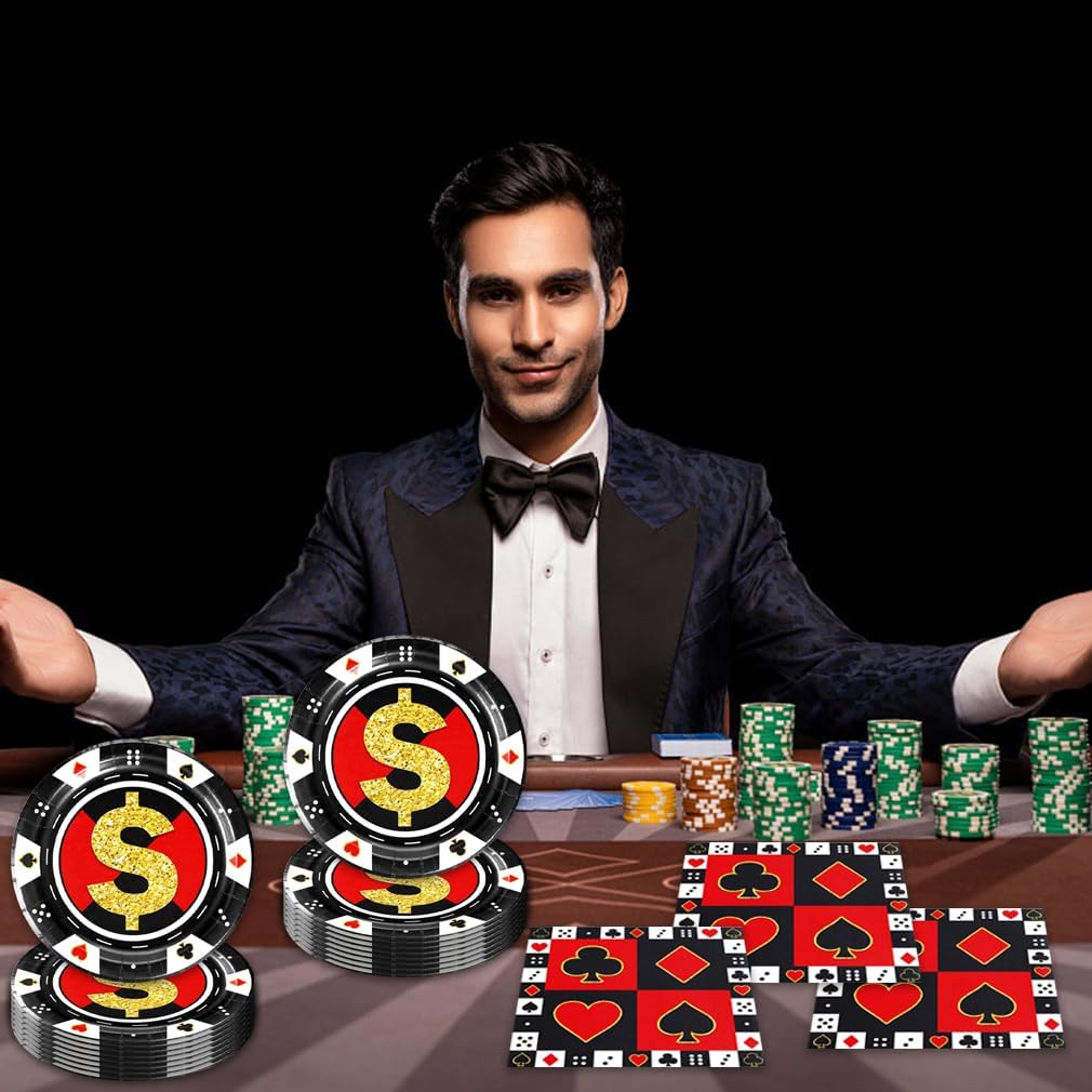 40Pcs Casino Party Decorations Las Vegas Themed Party Supplies Poker Dessert Plates Napkins for Game Night Birthday Poker Event Game Theme Favors Party Decorations,Suitable for 20 Guests