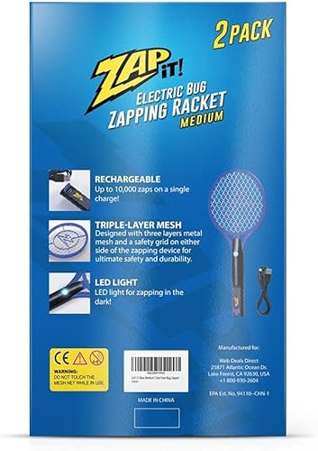 Miniatura 8 de Zap It Bug Zapper - Raqueta mata mosquitos recargable de 4000 voltios, cable de carga USB, Paquete de 2