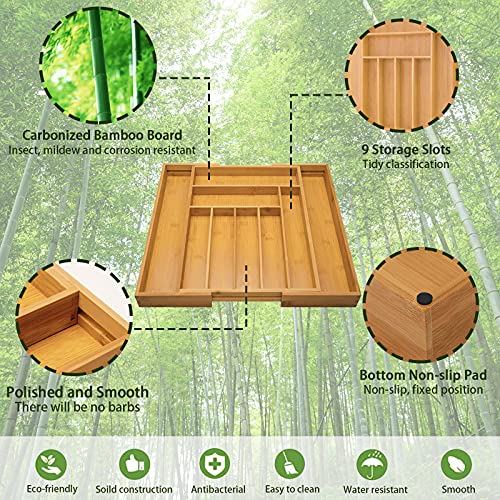 Miniatura 4 de Twbest Caja De Cubiertos De Bambú,Organizador De Cubiertos De Madera 1 Cepillo De Limpieza,Bandeja Para Cubiertos Con 7 A 9 Compartimentos,Cubertero,32-52 41 5cm