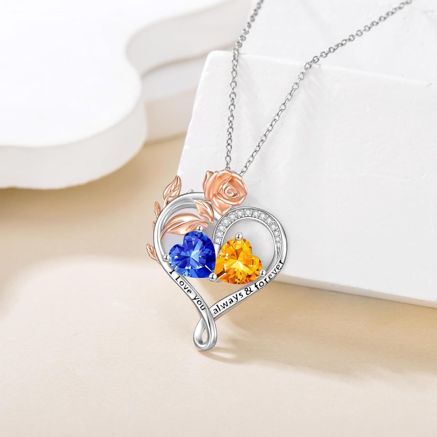 Rose Heart Birthstone Necklace Sterling Silver Two Heart Birthstone Necklace for Women 2 Birthstone Heart Pendant Birthday Christmas Valentine's Day Gift for Wife Mom Lady - Image 2