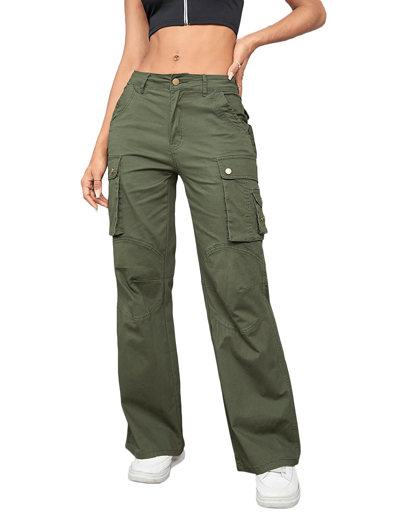 Vintage Cargo Pants High Waist Stretch Army Green Women Baggy Multiple Pockets Relaxed Fit Straight Wide Leg Overalls
