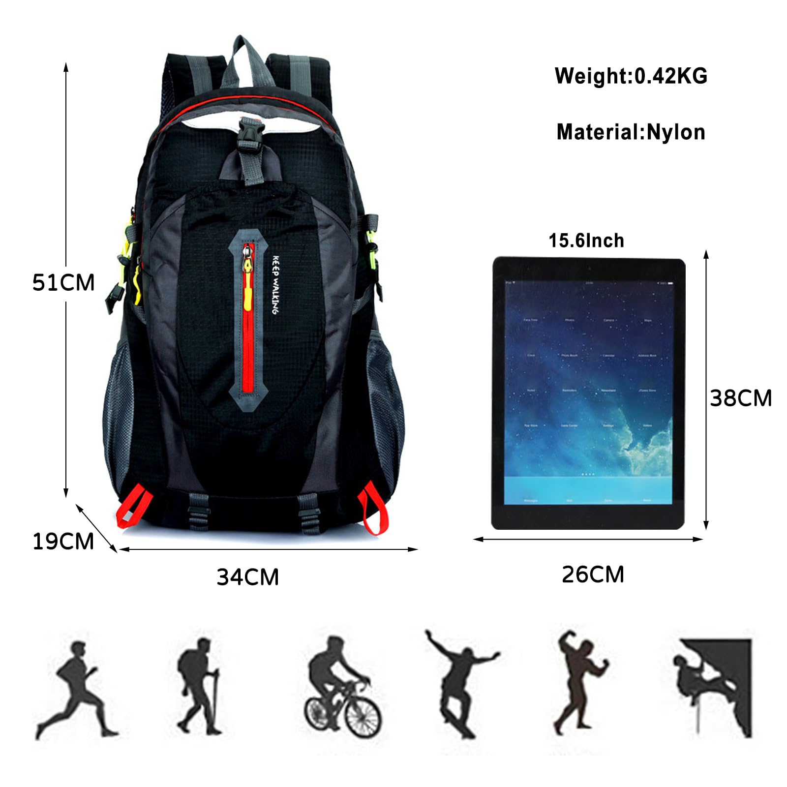 Zaino da Trekking Zaino Impermeabile 25L Zaini Hiking Backpack per Donna Uomo Campeggio Arrampicata Viaggio Sport Nero