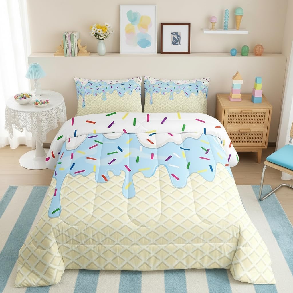 Homewish Girls Ice Cream Twin Size Comforter Set,Kids Blue White Cream Cake Decor All Season Bedding Set,Teens Colorful Candy Comforter,Children Desserts Decor Quilt Set Bedroom Collection 2Pcs