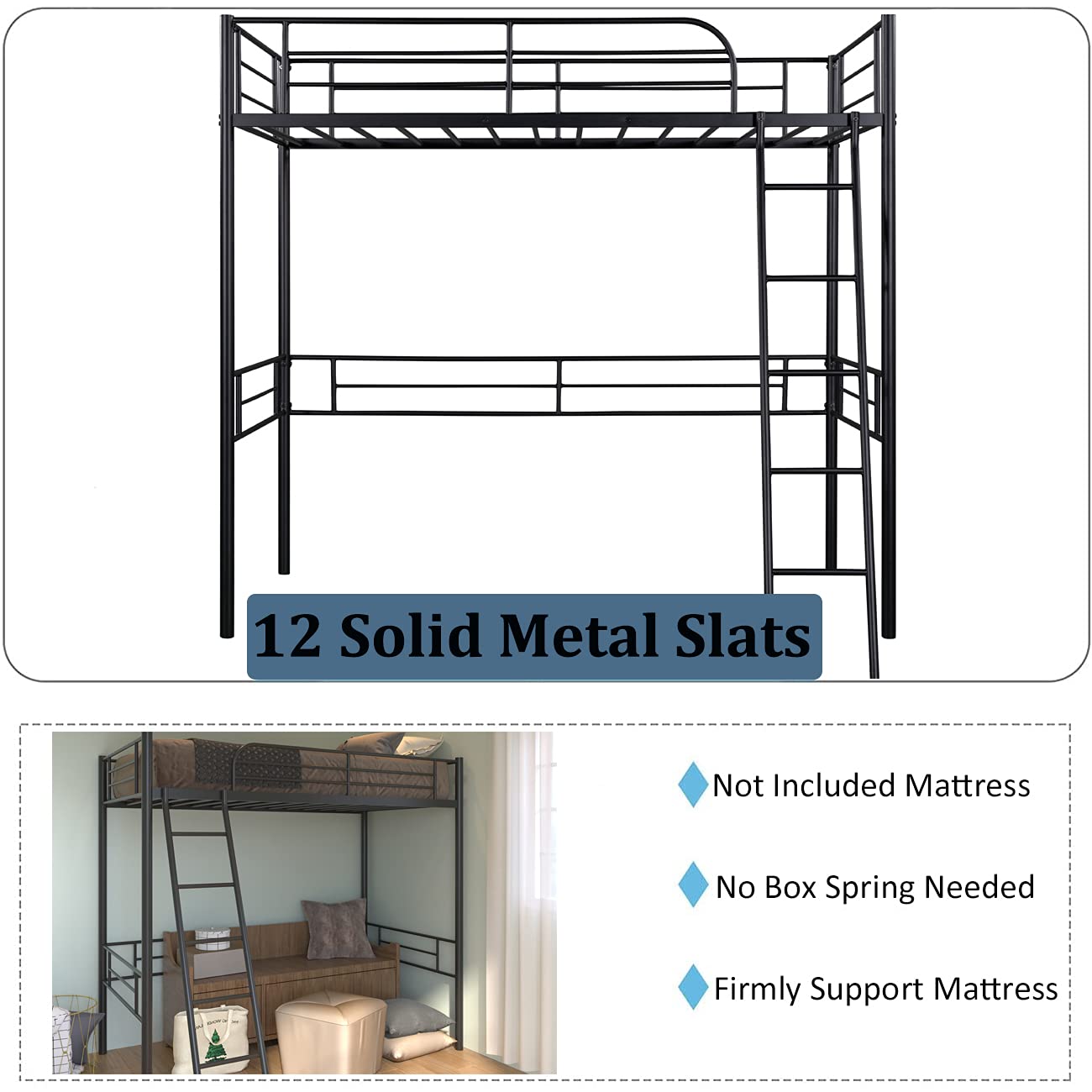 Metal Loft Bed Frame, Loft Bed Twin with Full Length Rails & Inclined