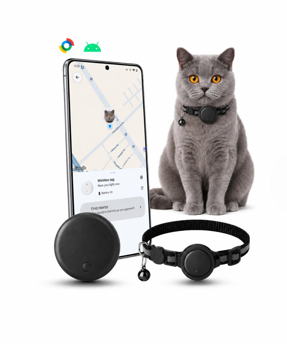 Collar GPS para Gatos Android, Localizador App, Sin Suscripción | Rastreador Bluetooth ligero; sin tarjeta SIM; para gatitos, casa, jardín y viajes; configuración rápida