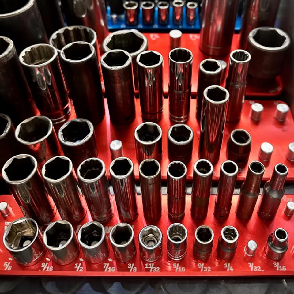 Westling USA Premium Aluminum 8 Piece Socket Tray & Organizer Set, Standard and Metric Sockets (Red/Blue, 2 Row)