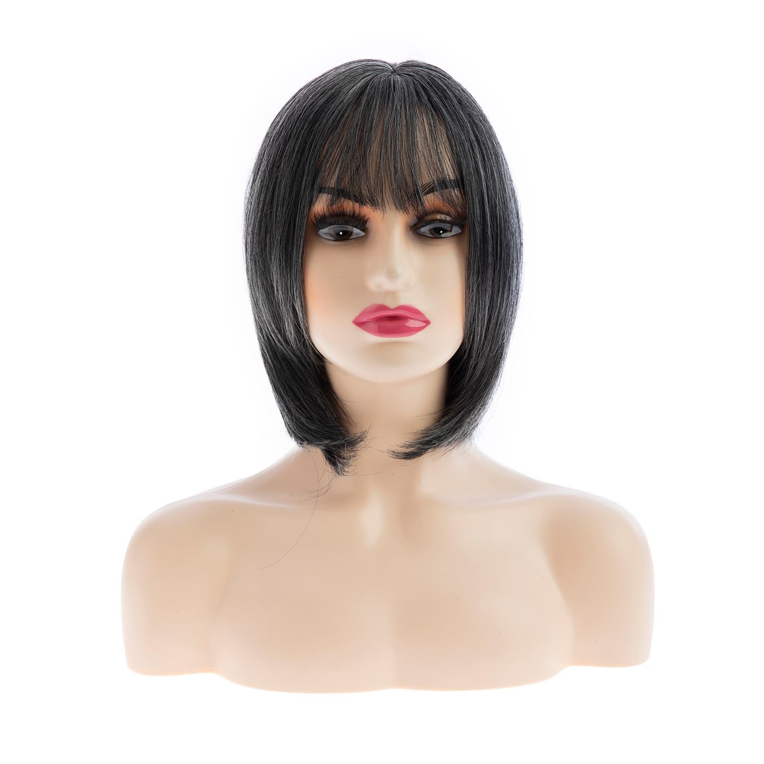 Qnbiar Grey Bob Wig for Women Short Mix Gray Natural Straight Hair with Bangs Heat Synthetic Cosplay Costume Hair Wig - Image 3