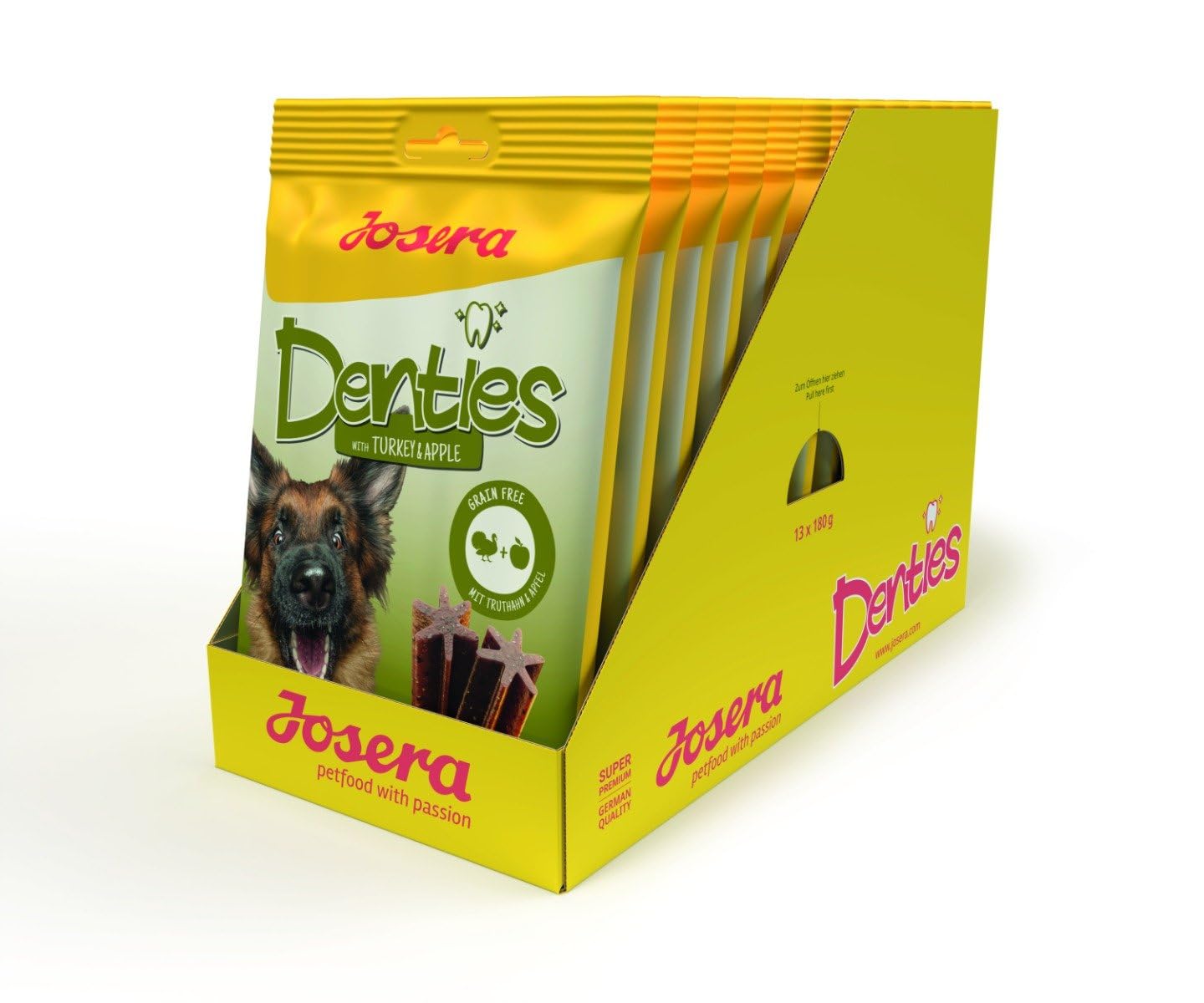 JOSERA Denties Turkey & Apple (13 x 7 Stück) | Adult | Premium Kaustangen für ausgewachsene Hunde | zur täglichen Zahnpflege | Kausnack mit Truthahn & Apfel | zuckerfrei | getreidefrei | 91er Pack