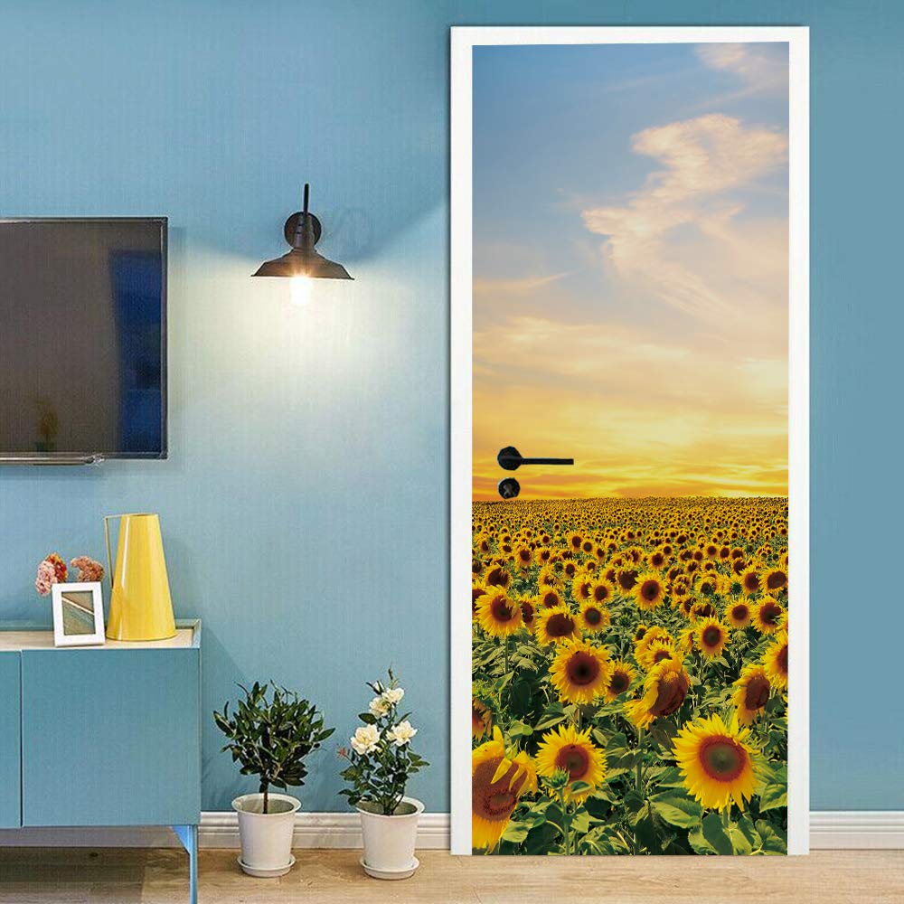 Trompe l'oeil de porte champ de tournesol pour illuminer un salon sombre
