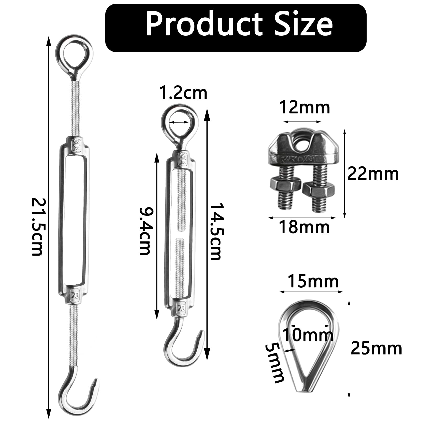 2er Set M6 Spannschloss 304 Edelstahl, Drahtseilspanner-Set mit 6 Klemmen, 6 Seilspannern, 10m Stahlseil & Presshülse für Zaun, Wäscheleine, Sonnensegel & Rankhilfe
