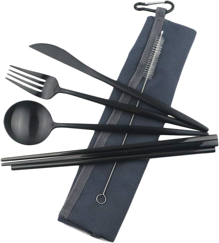 GugridaReusable Travel Utensils, 7 Piece Portable 304 Stainless Steel including Knife Fork Spoon Chopsticks Cleaning Brush Straws Portable Pouch, Eco-friendly Camping Silverware Set, Dishwasher Safe